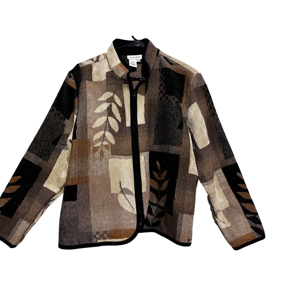 Coldwater Creek Tapestry Jacket Patchwork Leaf Print Browns PXL Zip Front